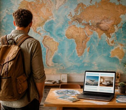Reiziger met reisbrochures en laptop om vakanties te vergelijken