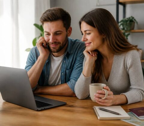 Koppel vergelijkt vakantie-aanbiedingen op een laptop met een notitieboek en paspoort op tafel