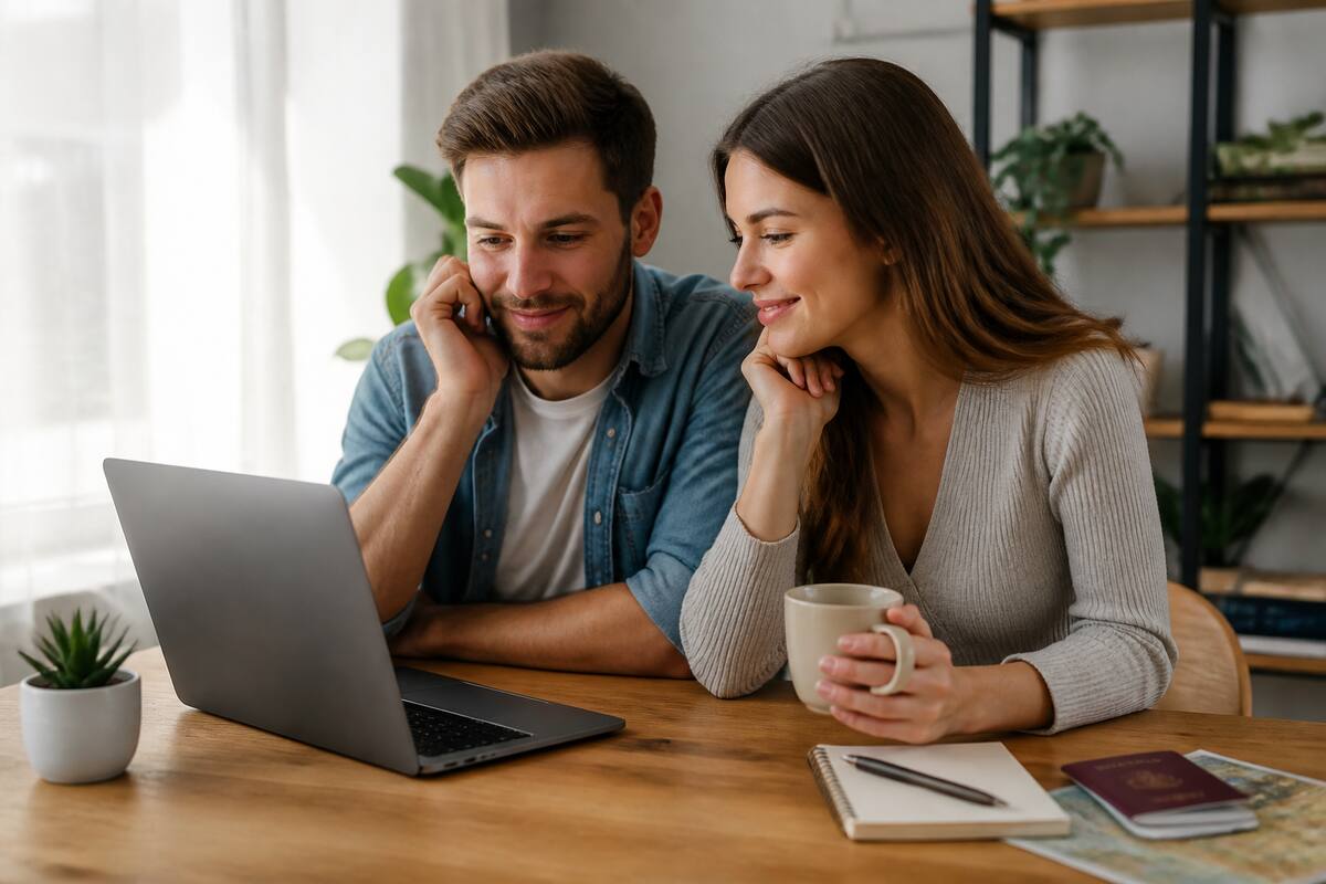 Koppel vergelijkt vakantie-aanbiedingen op een laptop met een notitieboek en paspoort op tafel