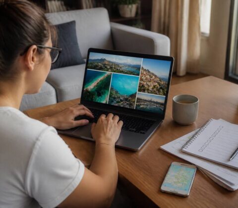 Iemand vergelijkt reisopties op een laptop met een vakantiechecklist naast zich