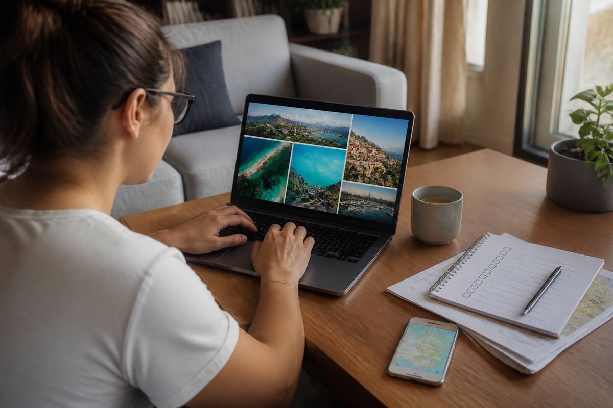 Iemand vergelijkt reisopties op een laptop met een vakantiechecklist naast zich