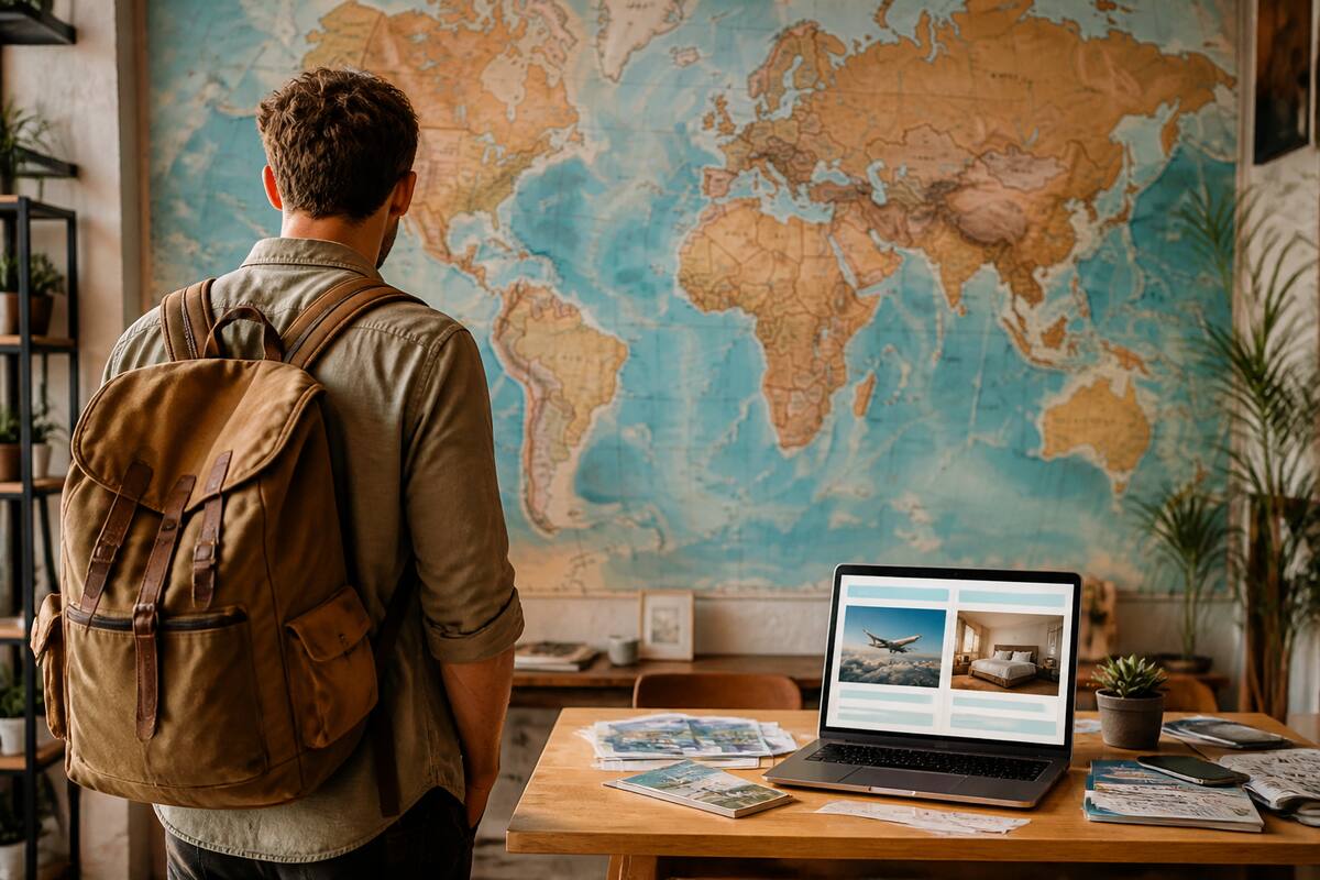 Reiziger met reisbrochures en laptop om vakanties te vergelijken
