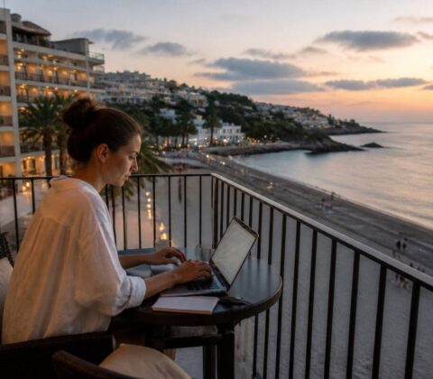 Iemand vergelijkt vakanties op een laptop met uitzicht op zee