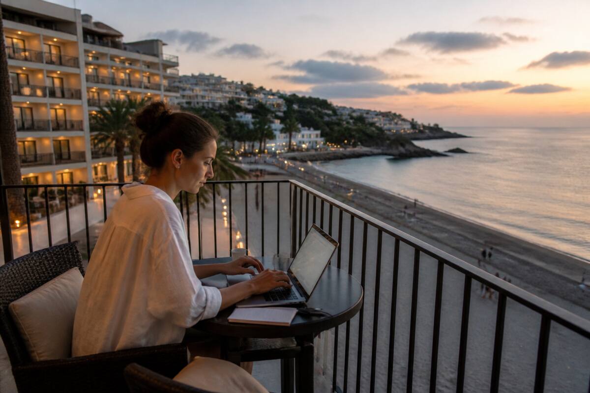 Iemand vergelijkt vakanties op een laptop met uitzicht op zee