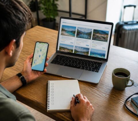 Iemand vergelijkt reisopties op een laptop aan een tafel met een notitieboek en smartphone
