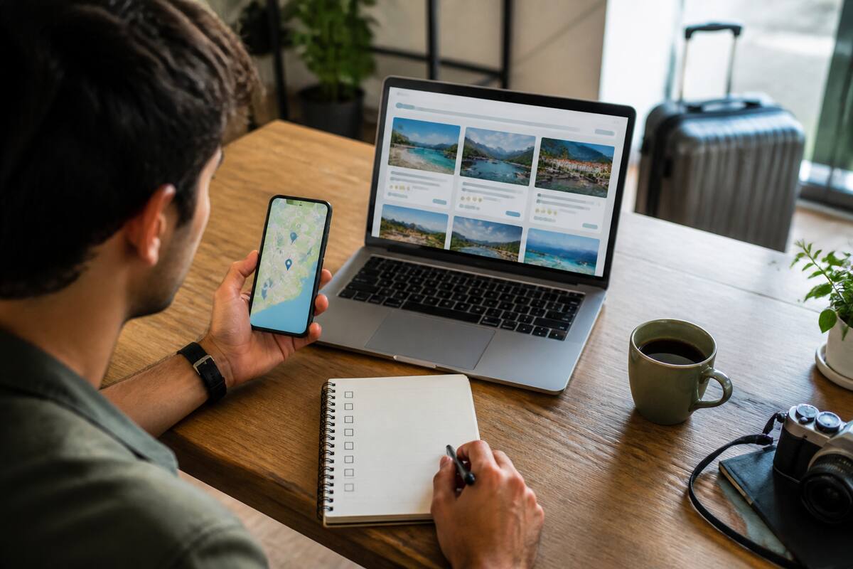 Iemand vergelijkt reisopties op een laptop aan een tafel met een notitieboek en smartphone