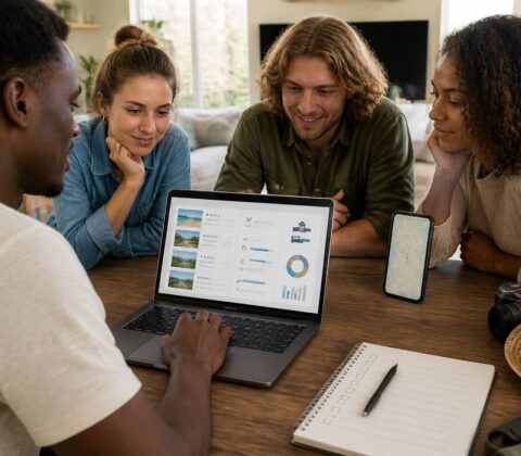 Reizigers vergelijken vakanties op een laptop en smartphone met een checklist op tafel