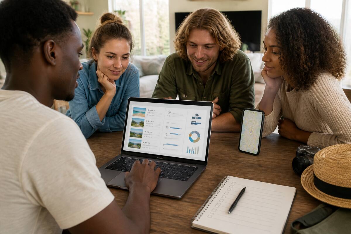 Reizigers vergelijken vakanties op een laptop en smartphone met een checklist op tafel