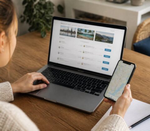 Iemand vergelijkt vakanties op laptop en telefoon aan tafel
