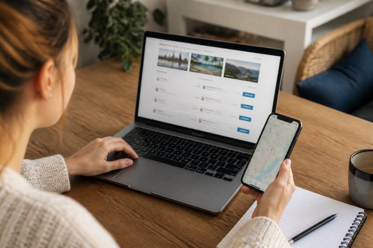 Iemand vergelijkt vakanties op laptop en telefoon aan tafel