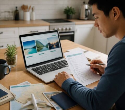 Iemand vergelijkt vakanties op een laptop met een checklist op tafel, in natuurlijk daglicht