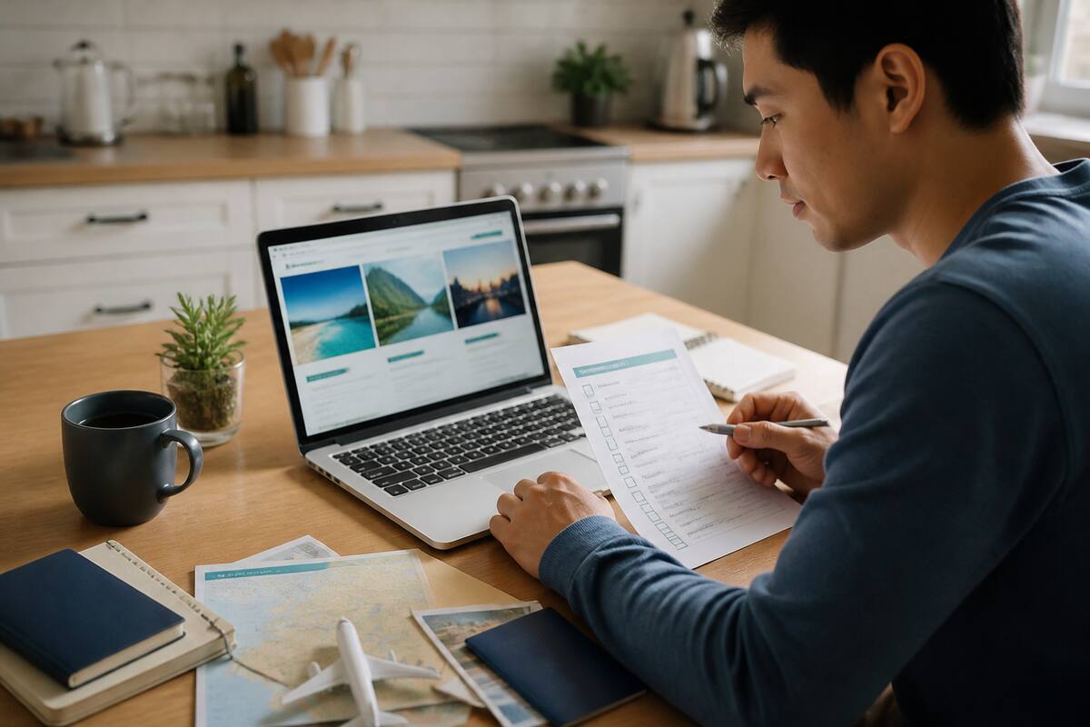 Iemand vergelijkt vakanties op een laptop met een checklist op tafel, in natuurlijk daglicht