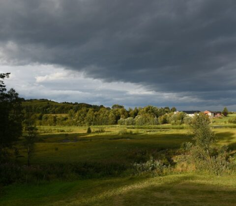 Dark storm clouds gather over green fields and distant trees
