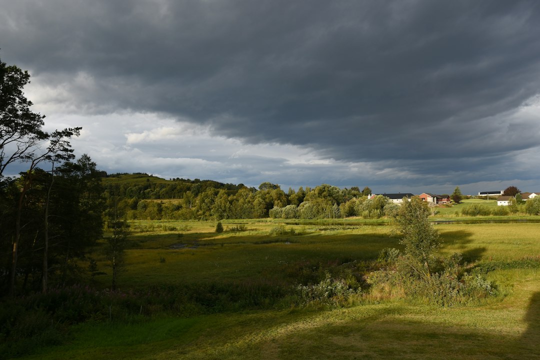 Dark storm clouds gather over green fields and distant trees